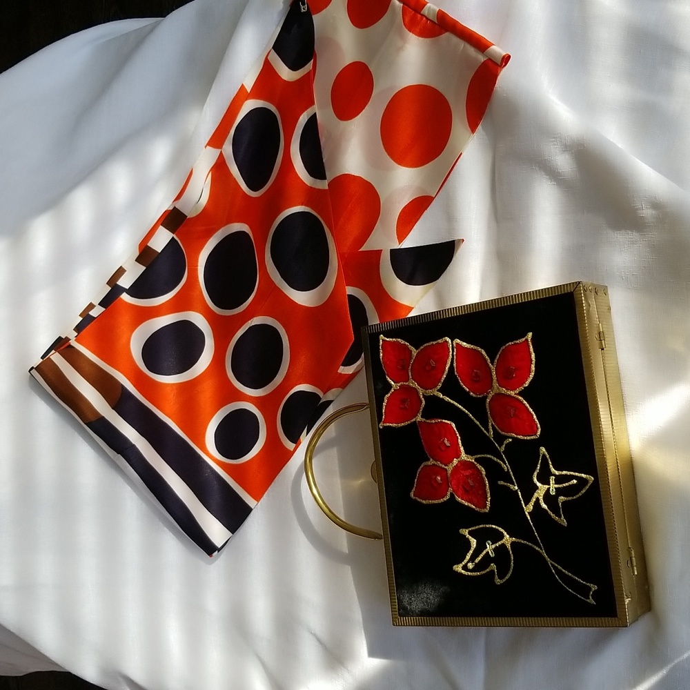 Vintage 1950's Empress Velvet Floral Box Purse and 50's Long Rayon Scarf, $140